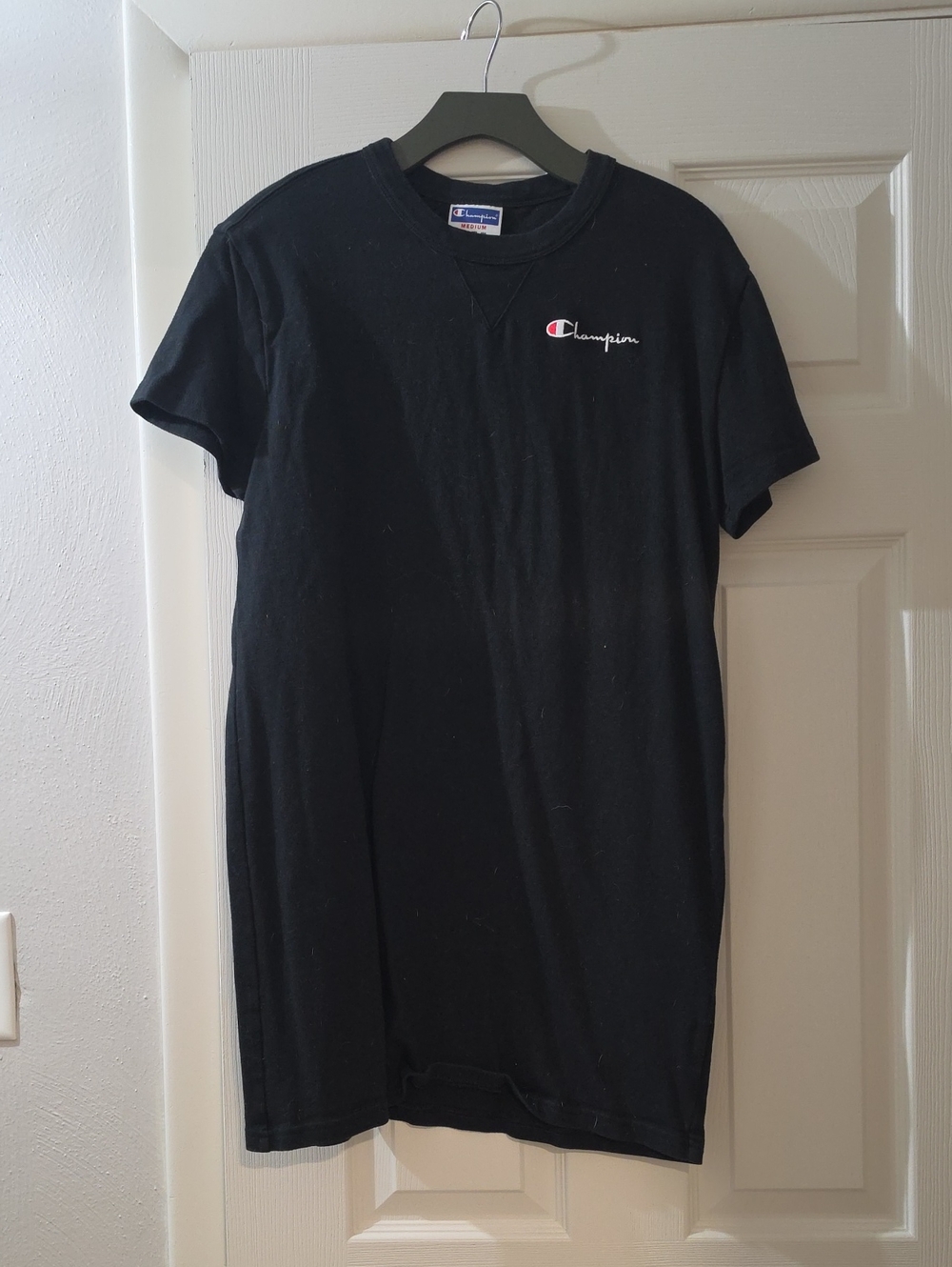 Womens Champion Black Short-Sleeve Crewneck Tee Shirt Dress with Small Logo